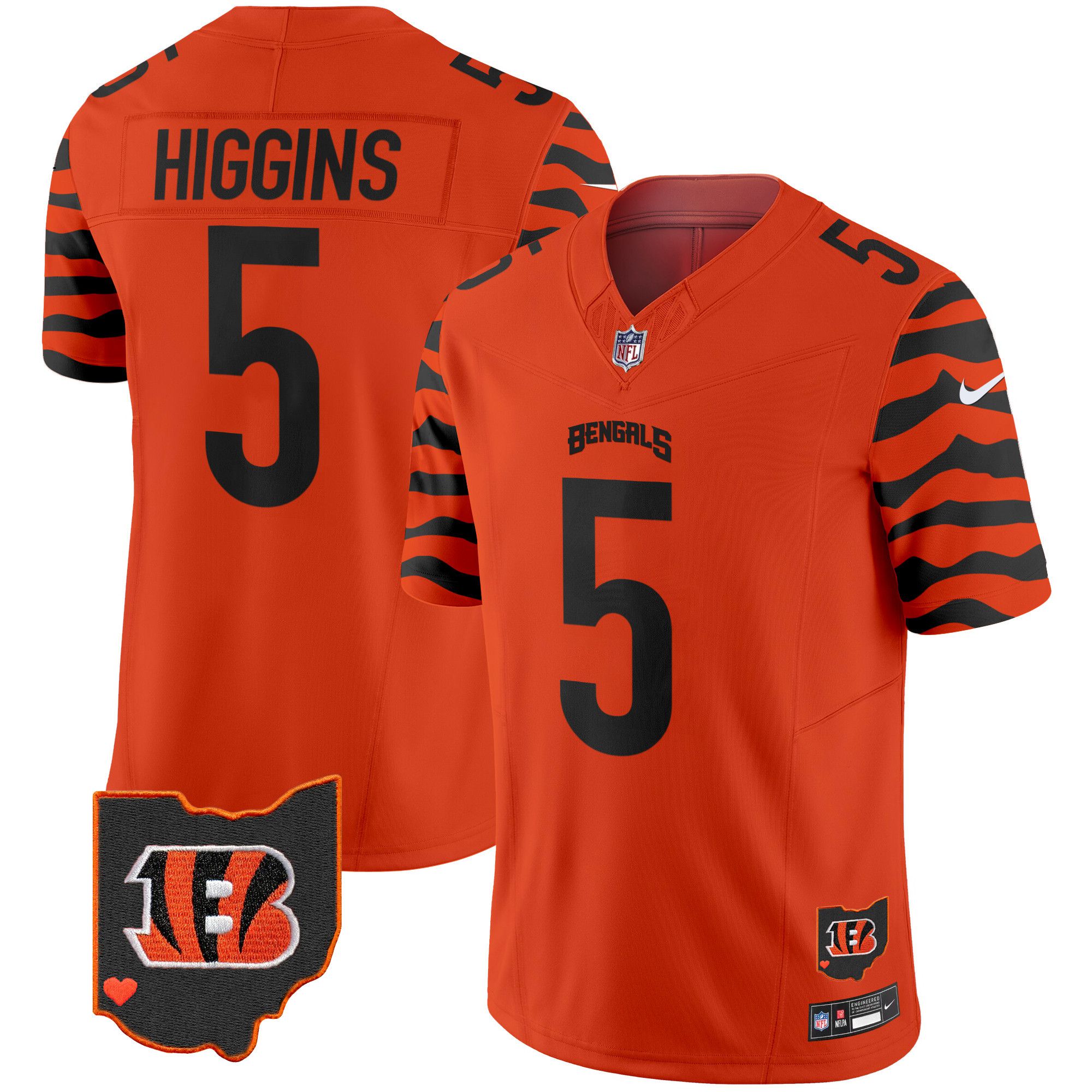 Men Cincinnati Bengals #5 Higgins Orange 2024 Nike Stripes Vapor Limited NFL Jersey